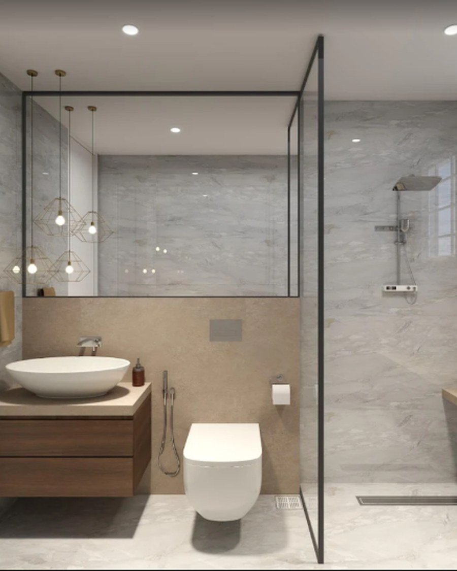 Bathroom with floating wood vanity and stone shower bench